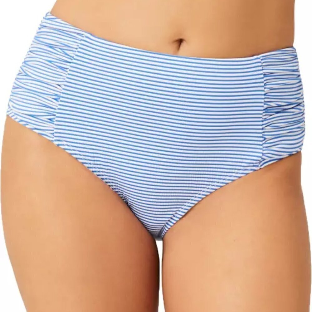 NWT Free Country Seersucker Blue Striped High Waist Bikini Swim Bottom